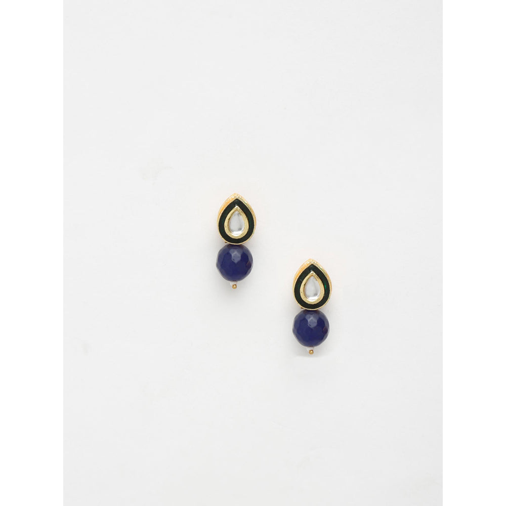 RUBY RAANG STUDIO Gold-Toned Blue Beaded Kundan Studded Contemporary Drop Earrings