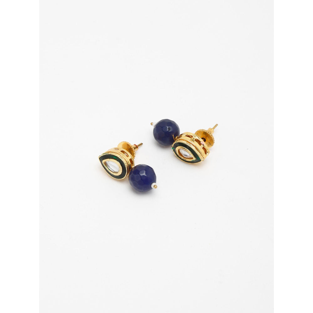 RUBY RAANG STUDIO Gold-Toned Blue Beaded Kundan Studded Contemporary Drop Earrings