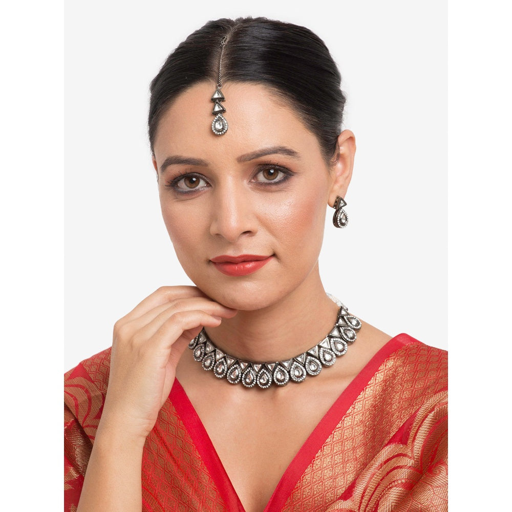 RUBY RAANG STUDIO Dusk Dew Silver Platted Kundan Choker with Earrings and Maang Tikka
