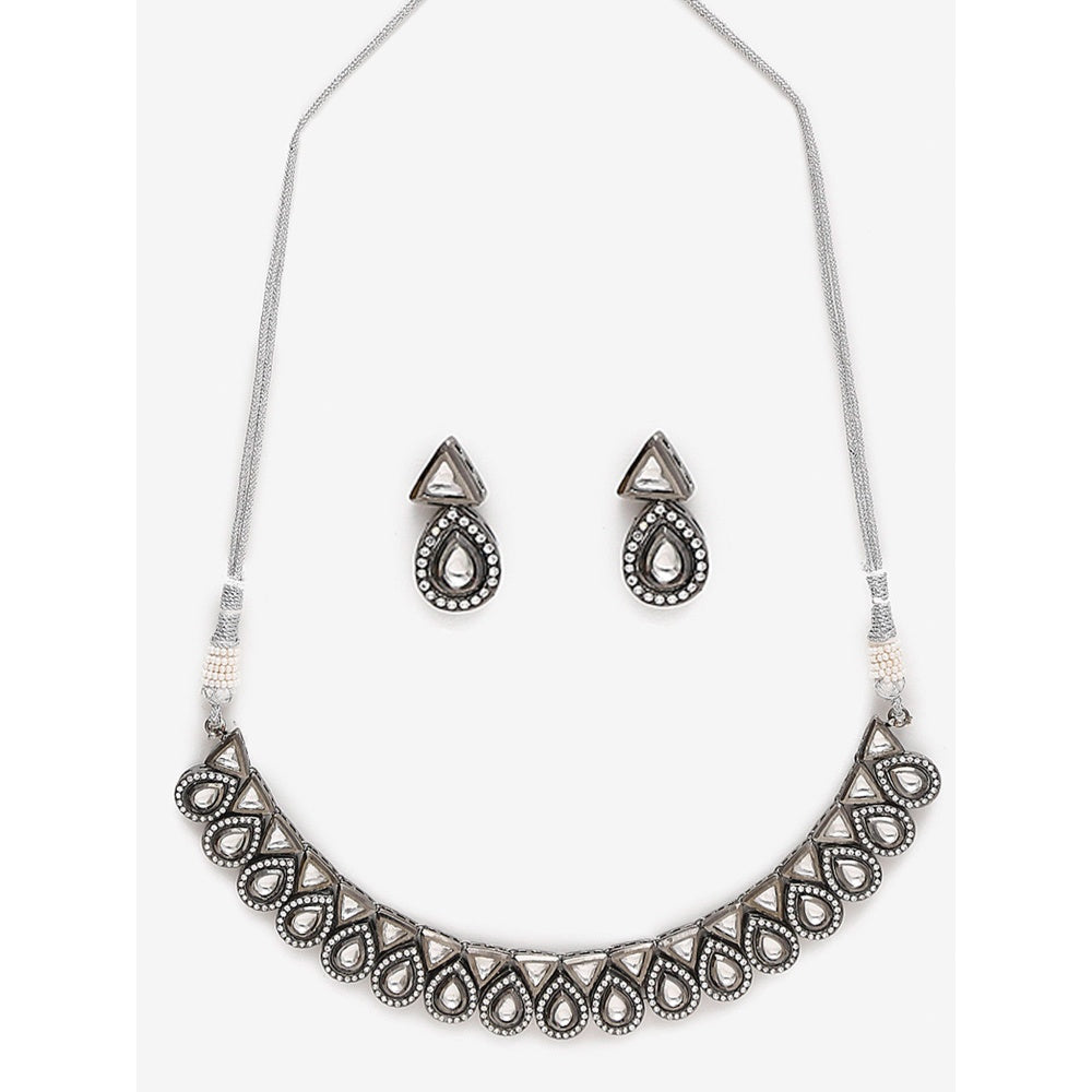 RUBY RAANG STUDIO Dusk Dew Silver Platted Kundan Choker with Earrings and Maang Tikka