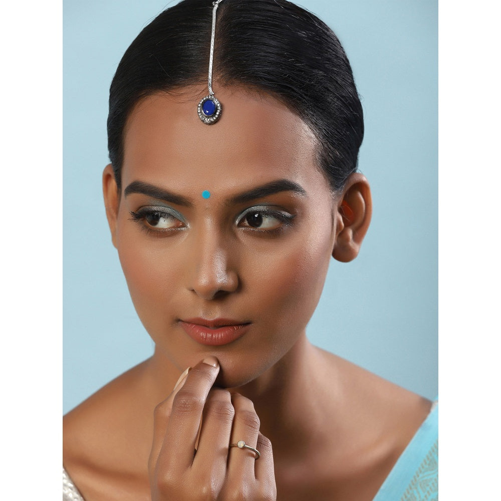 RUBY RAANG STUDIO Nai Fiza Silver and Blue Kundan with American Diamond Detail Maang Tikka