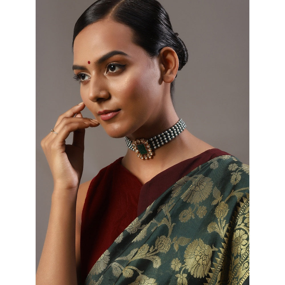 RUBY RAANG STUDIO Nai Fiza Handcrafted Green Stone Carved Choker with Pearls