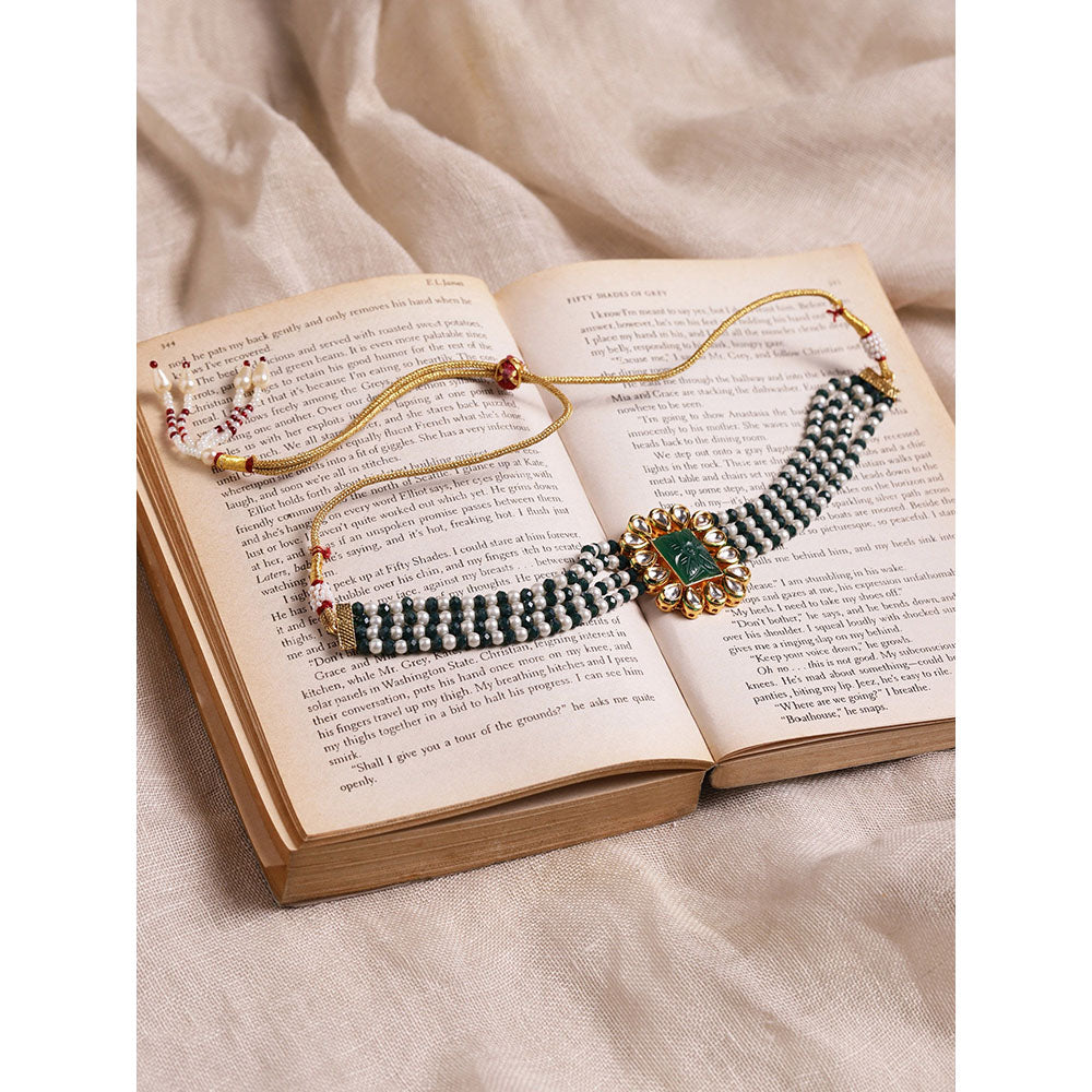 RUBY RAANG STUDIO Nai Fiza Handcrafted Green Stone Carved Choker with Pearls