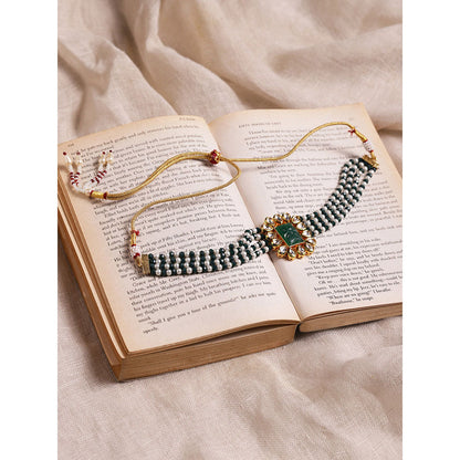 RUBY RAANG STUDIO Nai Fiza Handcrafted Green Stone Carved Choker with Pearls