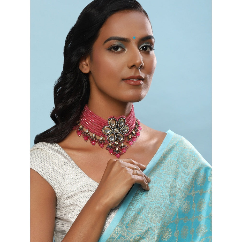 RUBY RAANG STUDIO Nai Fiza Flower Shaped Kundan Neckpiece in Pink Onyx Stones