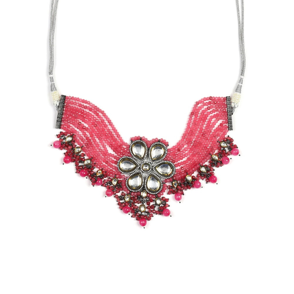 RUBY RAANG STUDIO Nai Fiza Flower Shaped Kundan Neckpiece in Pink Onyx Stones