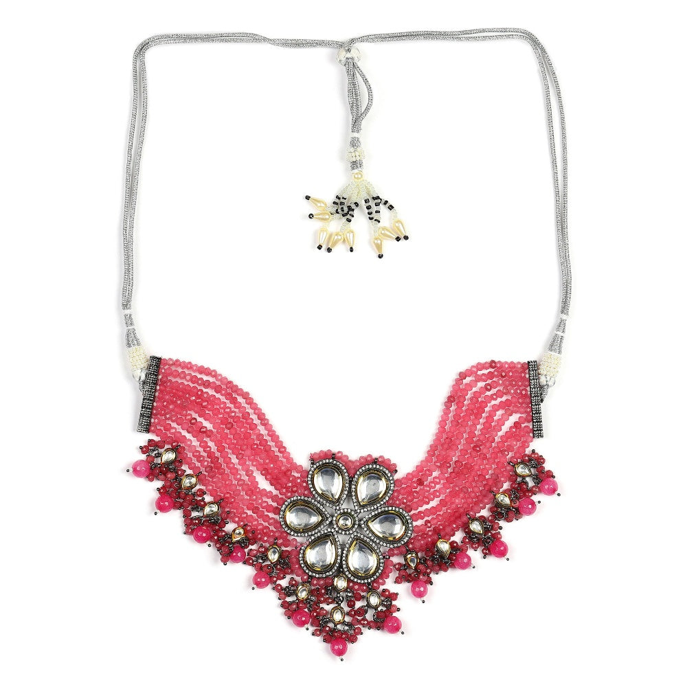 RUBY RAANG STUDIO Nai Fiza Flower Shaped Kundan Neckpiece in Pink Onyx Stones