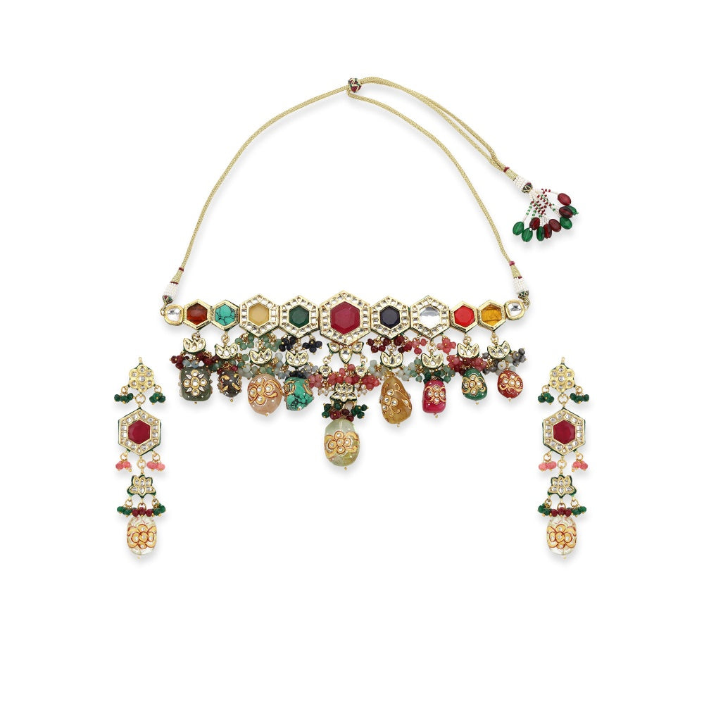 Ruby Raang Studio Handcrafted Multi Beaded Kundan Choker With Long Earrings
