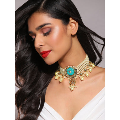Ruby Raang Studio Turquoise Choker Wiith Pearls Neckpiece