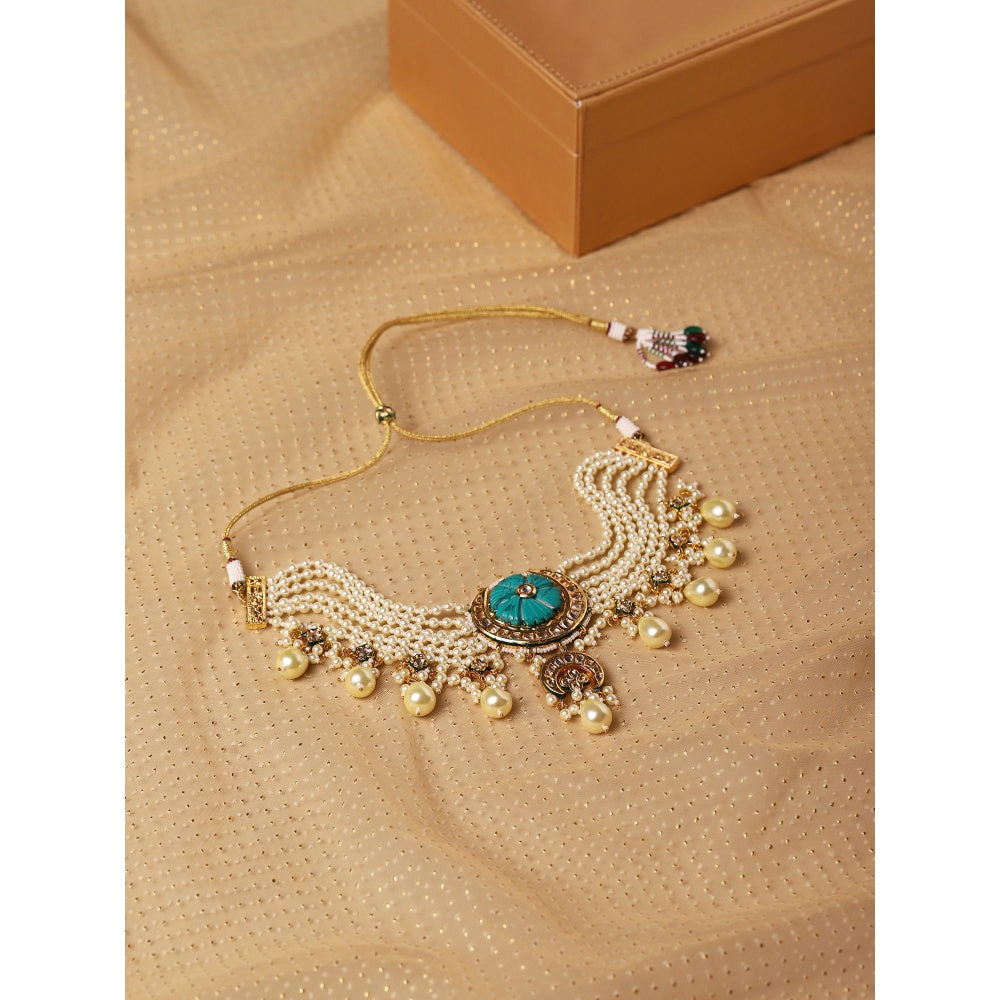Ruby Raang Studio Turquoise Choker Wiith Pearls Neckpiece