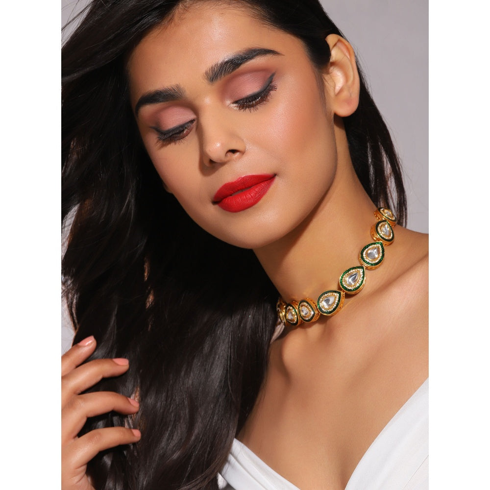 Ruby Raang Studio Tear Drop Meenakari Kundan Green Neckpiece