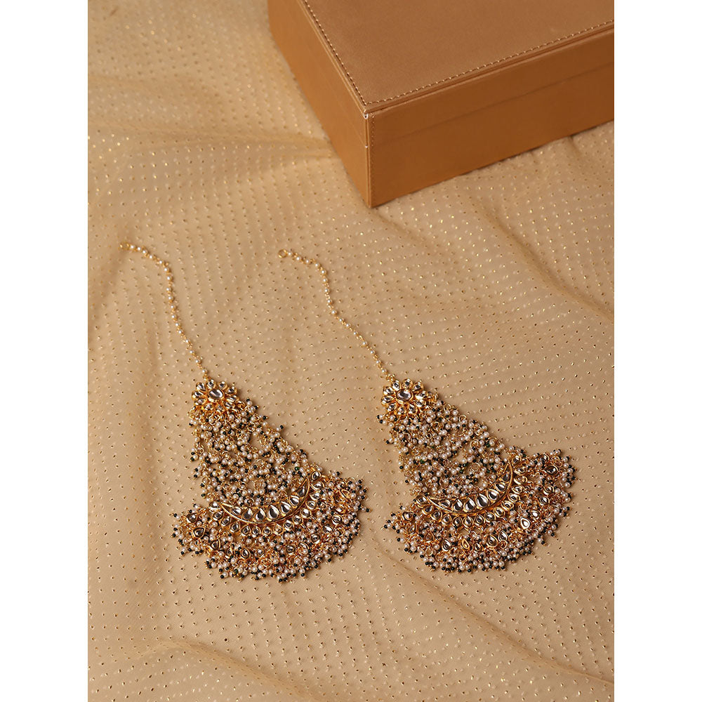 Ruby Raang Studio Chandelier Earrings With Pearl Detailing And Ear Chain