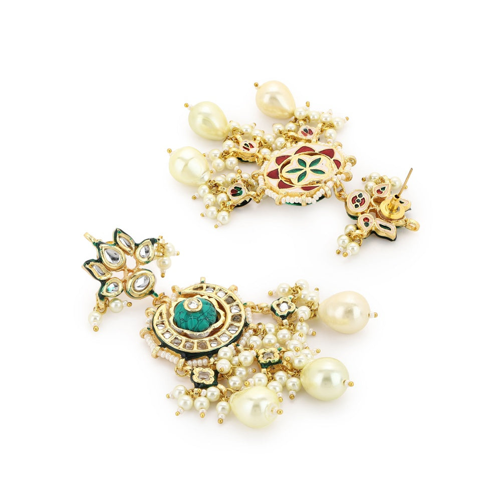 Ruby Raang Studio Turquoise Stone Detailing Chand Kundan Earrings