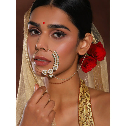 Ruby Raang Studio Maharani Kundan Nose Ring With Pearl Chain