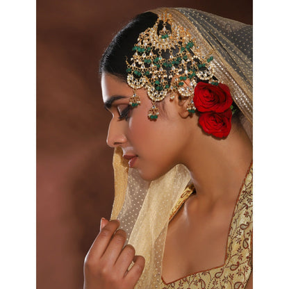 Ruby Raang Studio Green Stone Kundan Flower Jhoomar