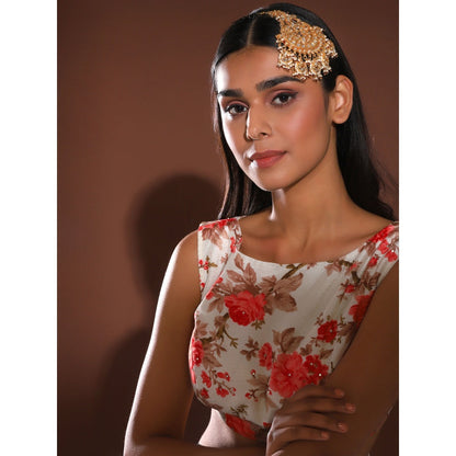 Ruby Raang Studio Pearl Kundan With Maroon Detail Stone Jhoomar