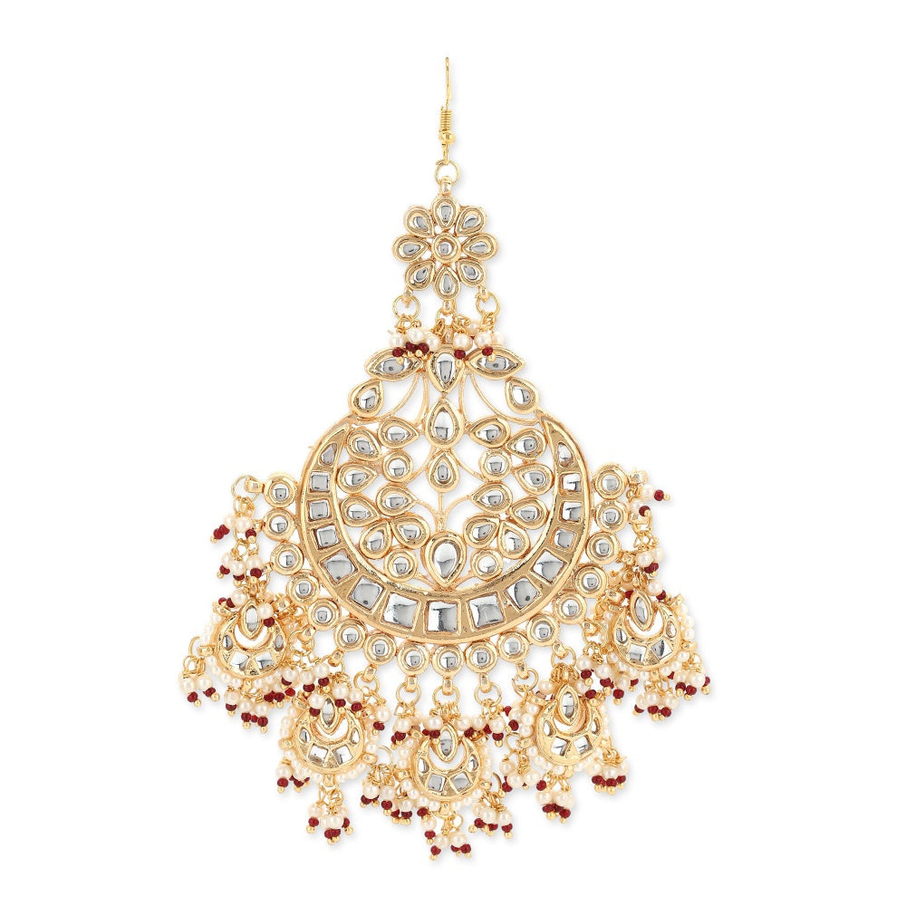 Ruby Raang Studio Pearl Kundan With Maroon Detail Stone Jhoomar