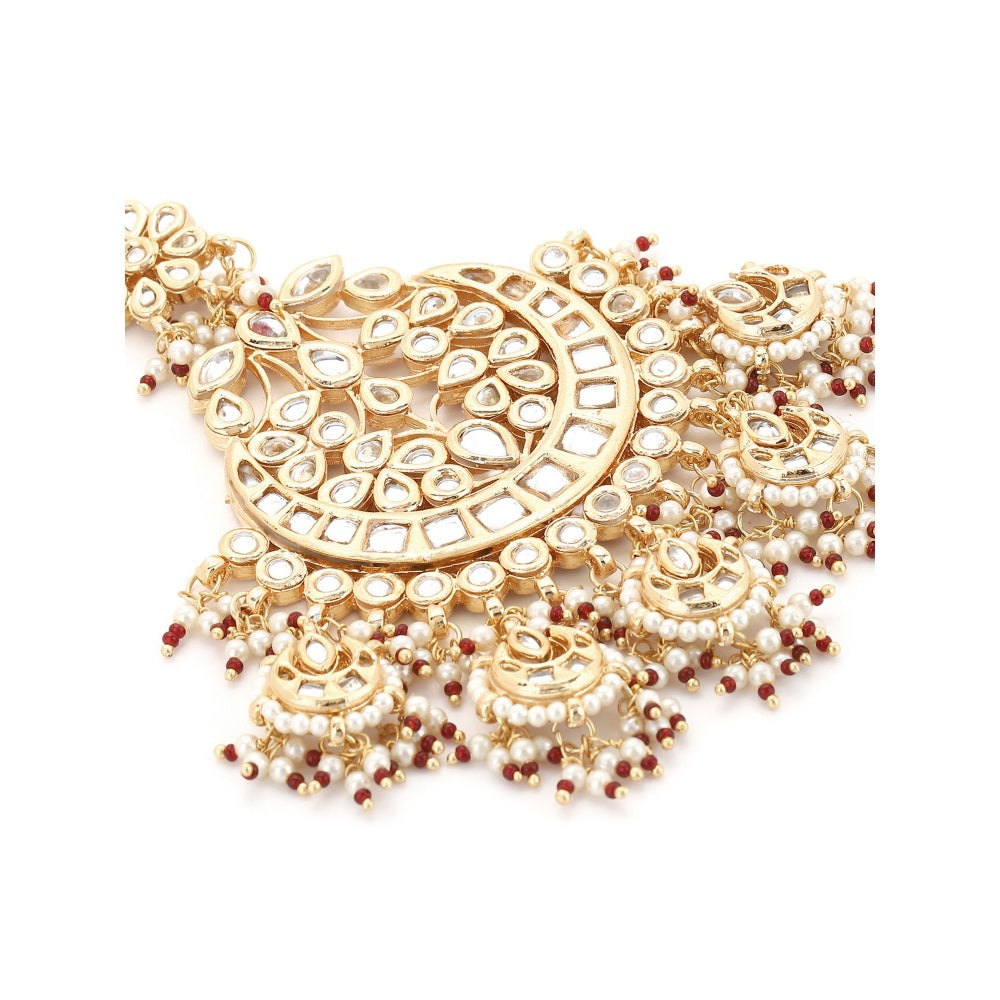 Ruby Raang Studio Pearl Kundan With Maroon Detail Stone Jhoomar