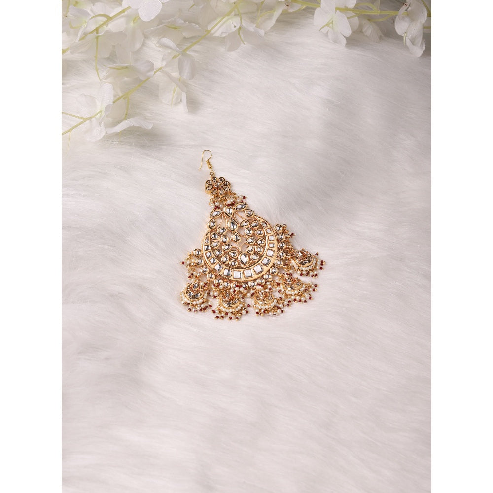 Ruby Raang Studio Pearl Kundan With Maroon Detail Stone Jhoomar