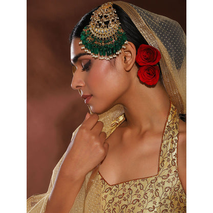 Ruby Raang Studio Green Stone And Pearl Kundan Jhoomar