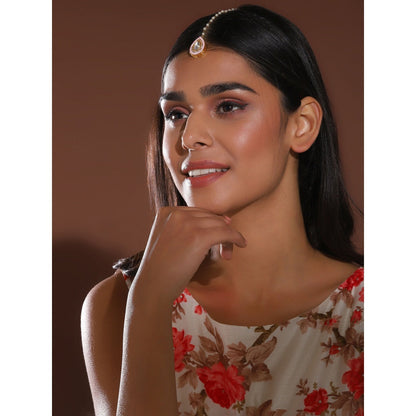 Ruby Raang Studio Pink Kundan Maang Tikka With Pearl Sring