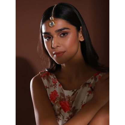 Ruby Raang Studio Double Kundan Maang Tikka With Pearl String