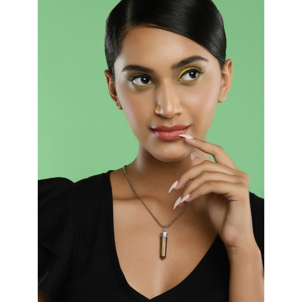 Ruby Raang Studio Long Brown Natural Stone Healing Silver Plated Handcrafted Neckpiece