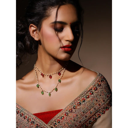 Ruby Raang Studio Red Green Beaded Necklace with Pearls
