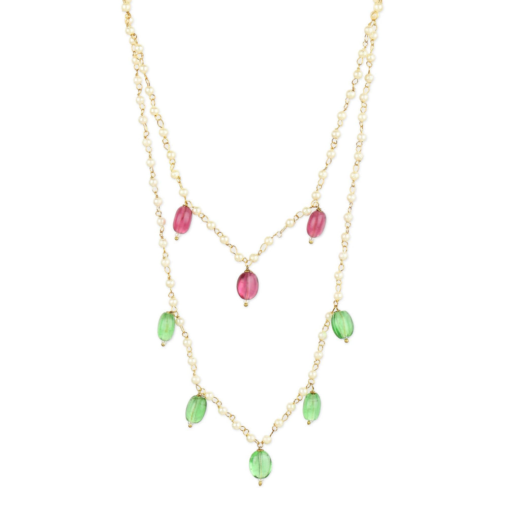 Ruby Raang Studio Red Green Beaded Necklace with Pearls