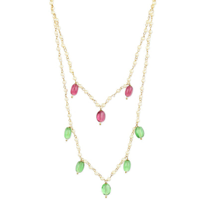 Ruby Raang Studio Red Green Beaded Necklace with Pearls