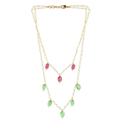 Ruby Raang Studio Red Green Beaded Necklace with Pearls