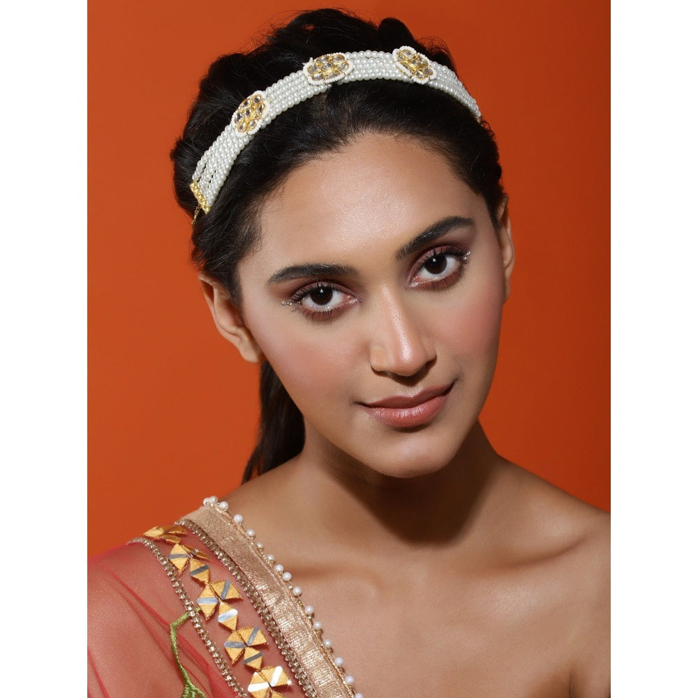 Ruby Raang Studio Gold Plated Kundan Headband with Pearls