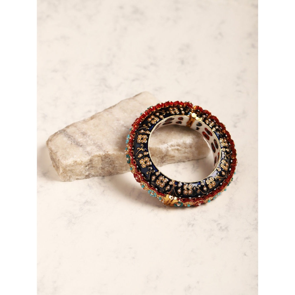 Ruby Raang Studio Blue Enamelled Gold Plated Kundan Bangle