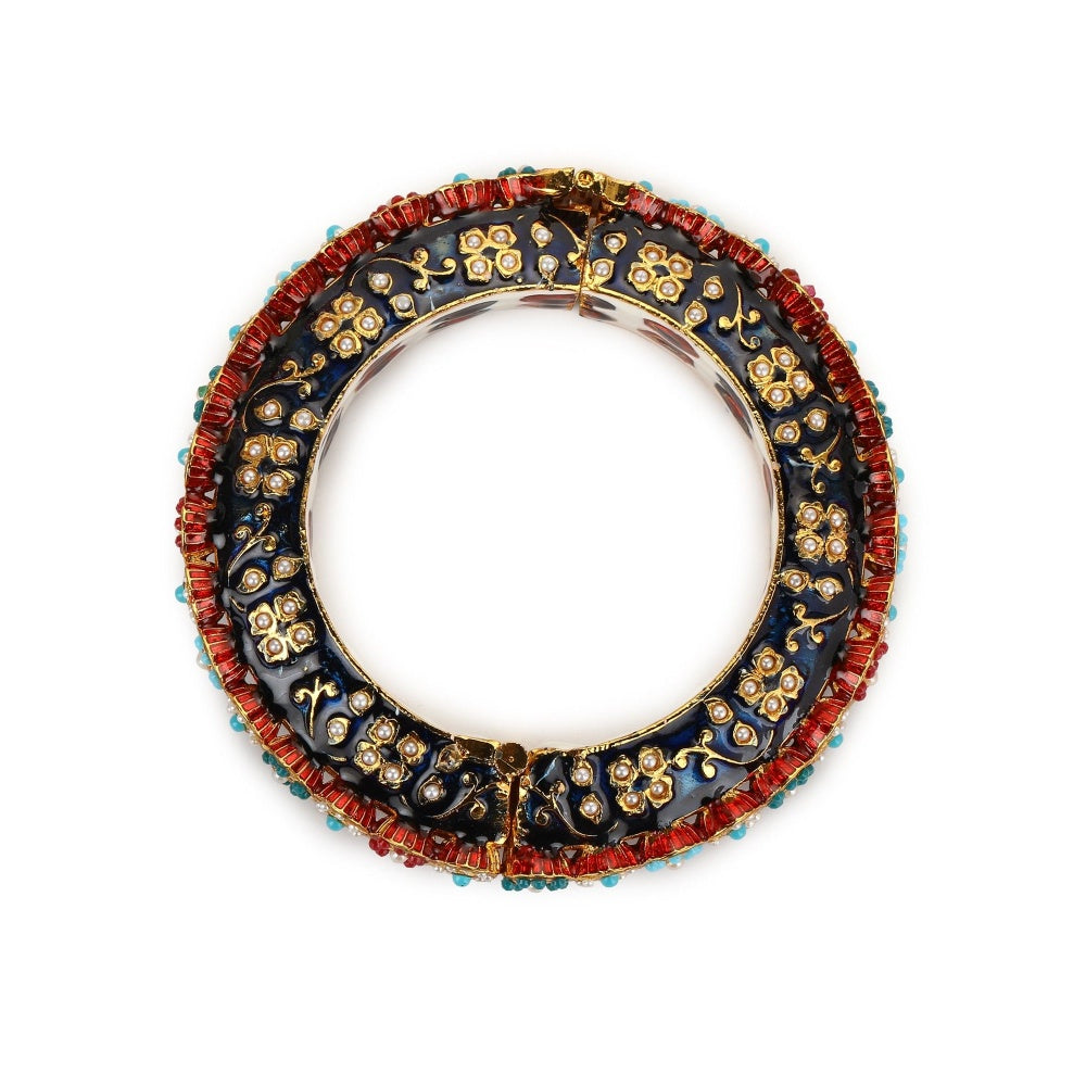 Ruby Raang Studio Blue Enamelled Gold Plated Kundan Bangle