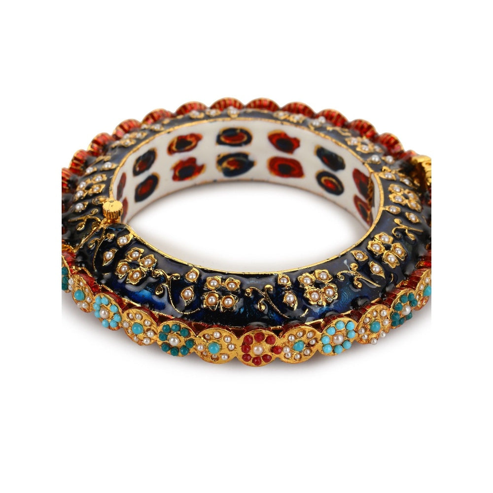 Ruby Raang Studio Blue Enamelled Gold Plated Kundan Bangle