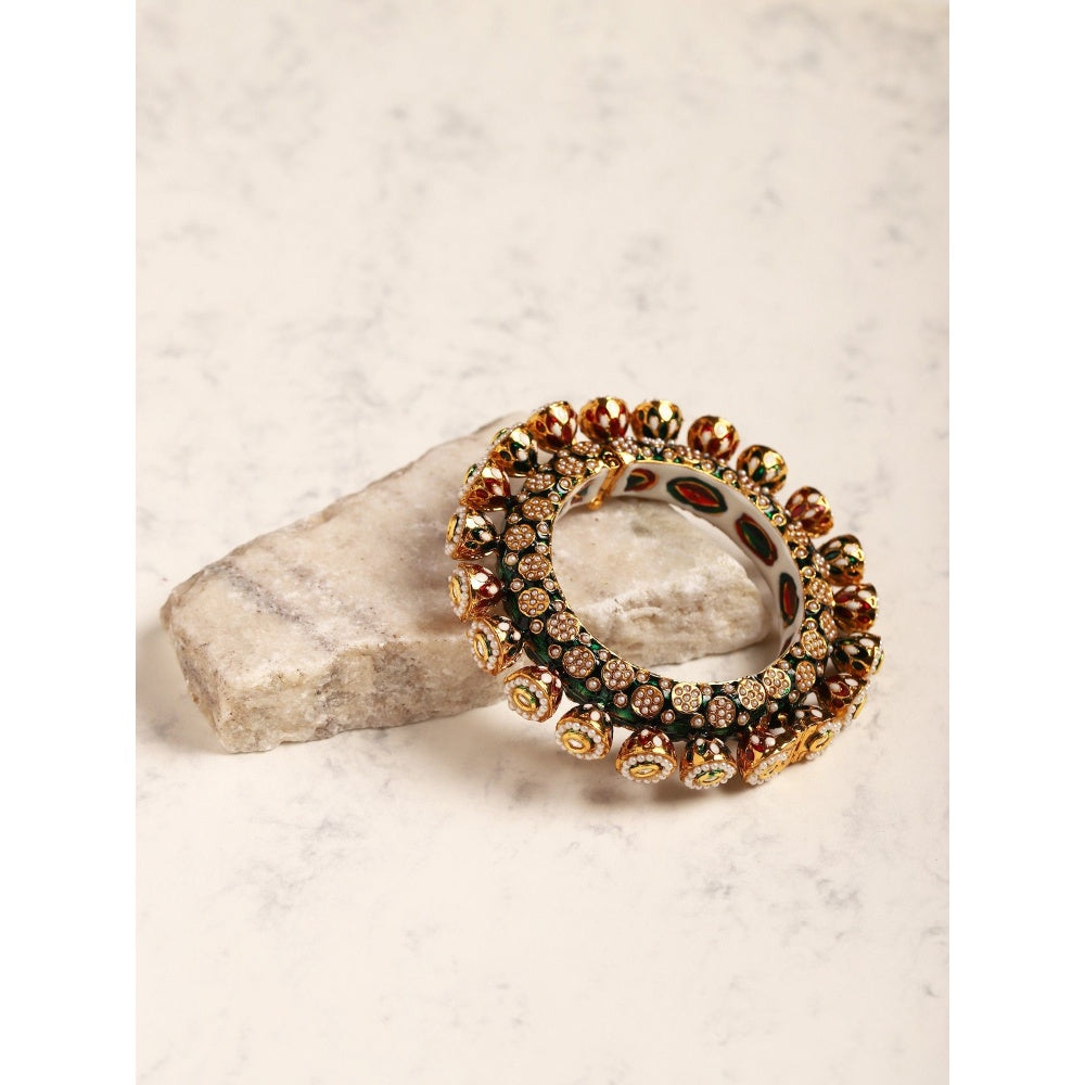 Ruby Raang Studio Green Enamelled Gold Plated Kundan Bangle