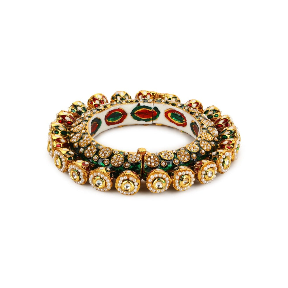 Ruby Raang Studio Green Enamelled Gold Plated Kundan Bangle