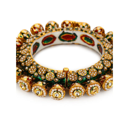 Ruby Raang Studio Green Enamelled Gold Plated Kundan Bangle