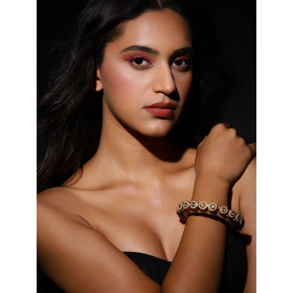 Ruby Raang Studio Green Enamelled Gold Plated Kundan Bangle