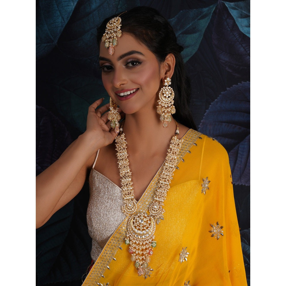 Ruby Raang Studio Long Kundan Neckpiece with Earrings and Maang Tikka with Multi Stones