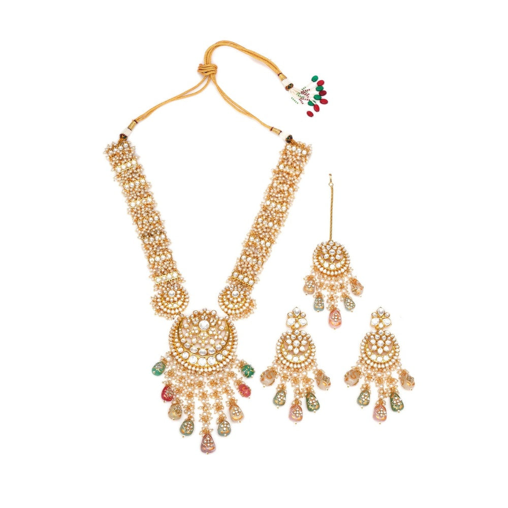 Ruby Raang Studio Long Kundan Neckpiece with Earrings and Maang Tikka with Multi Stones