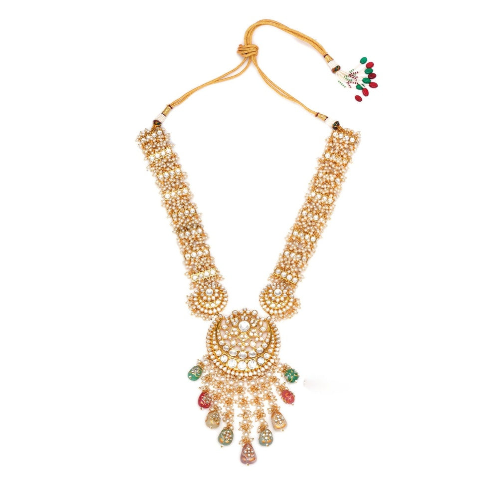 Ruby Raang Studio Long Kundan Neckpiece with Earrings and Maang Tikka with Multi Stones
