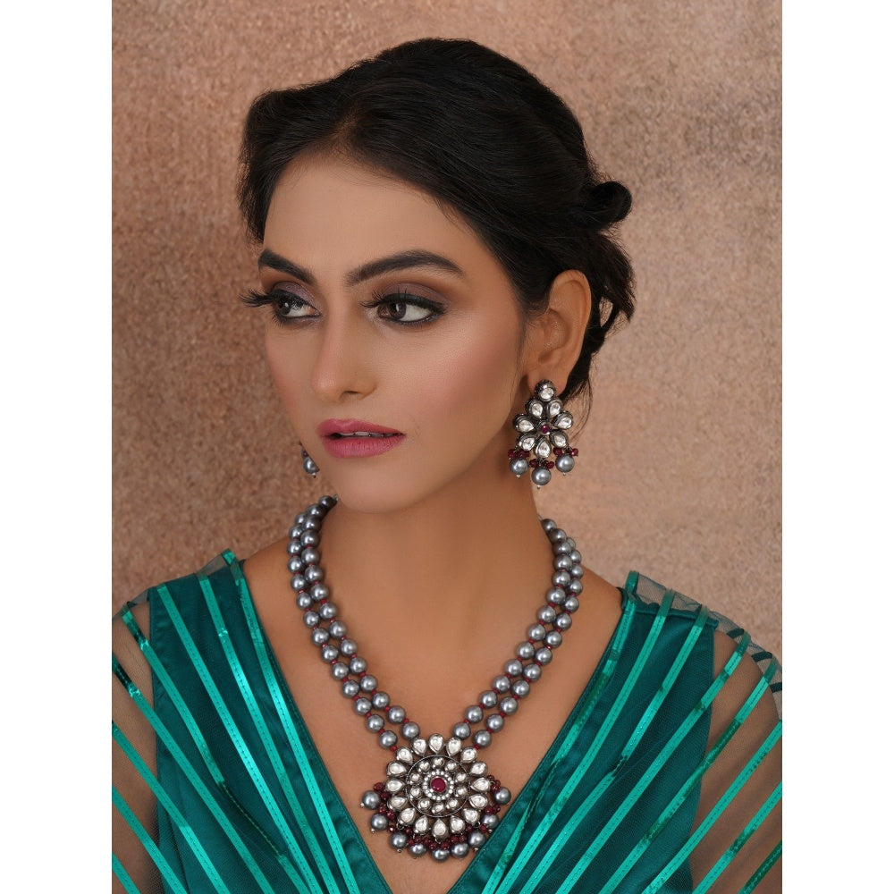Ruby Raang Studio Long Kundan Neckpiece with Earrings with Multi Stones