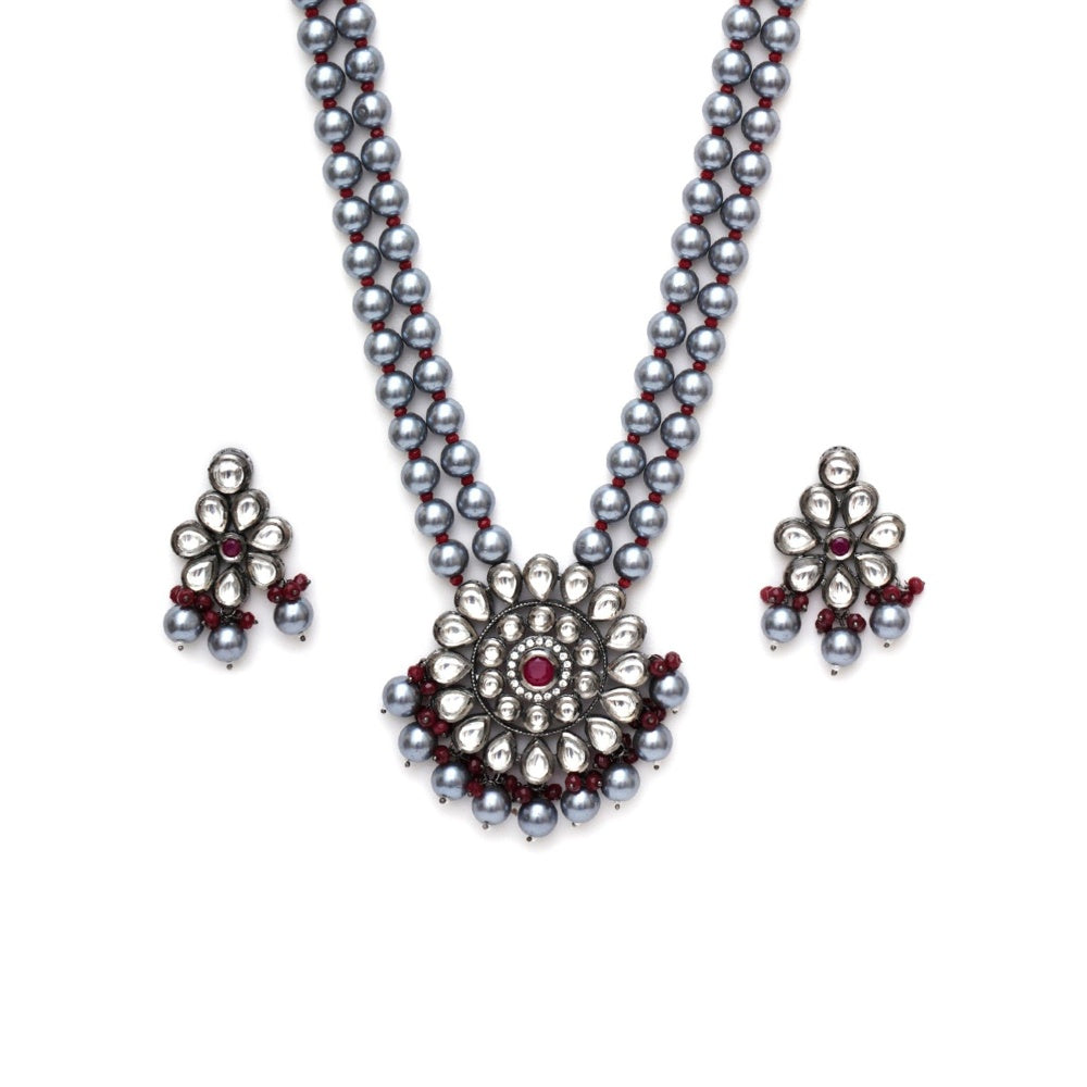 Ruby Raang Studio Long Kundan Neckpiece with Earrings with Multi Stones