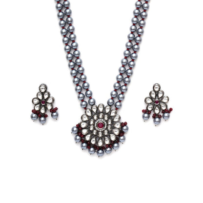 Ruby Raang Studio Long Kundan Neckpiece with Earrings with Multi Stones