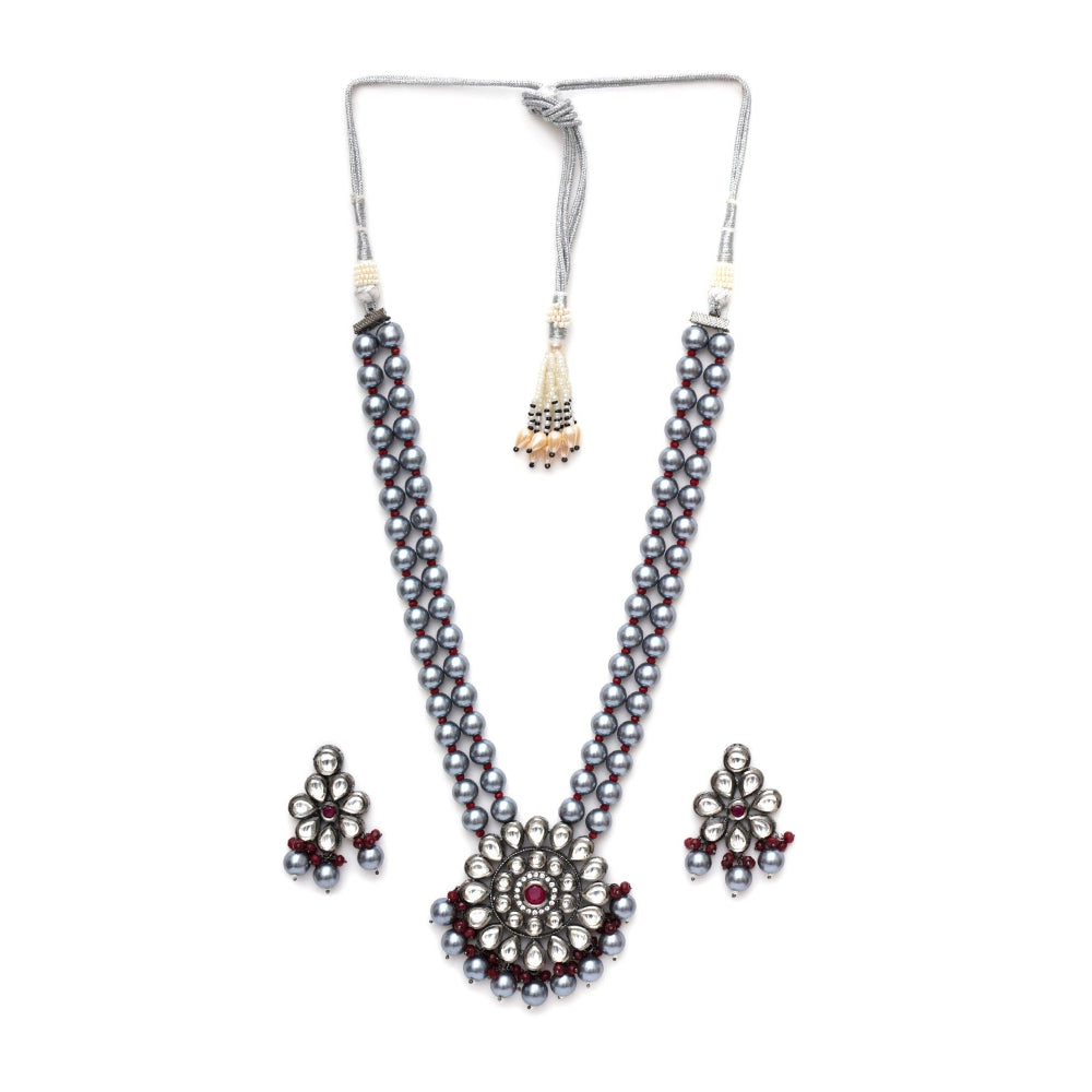 Ruby Raang Studio Long Kundan Neckpiece with Earrings with Multi Stones