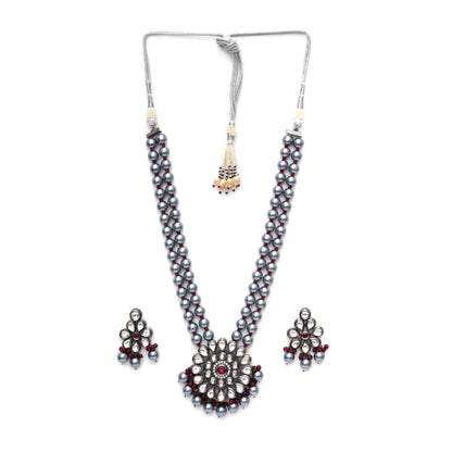 Ruby Raang Studio Long Kundan Neckpiece with Earrings with Multi Stones