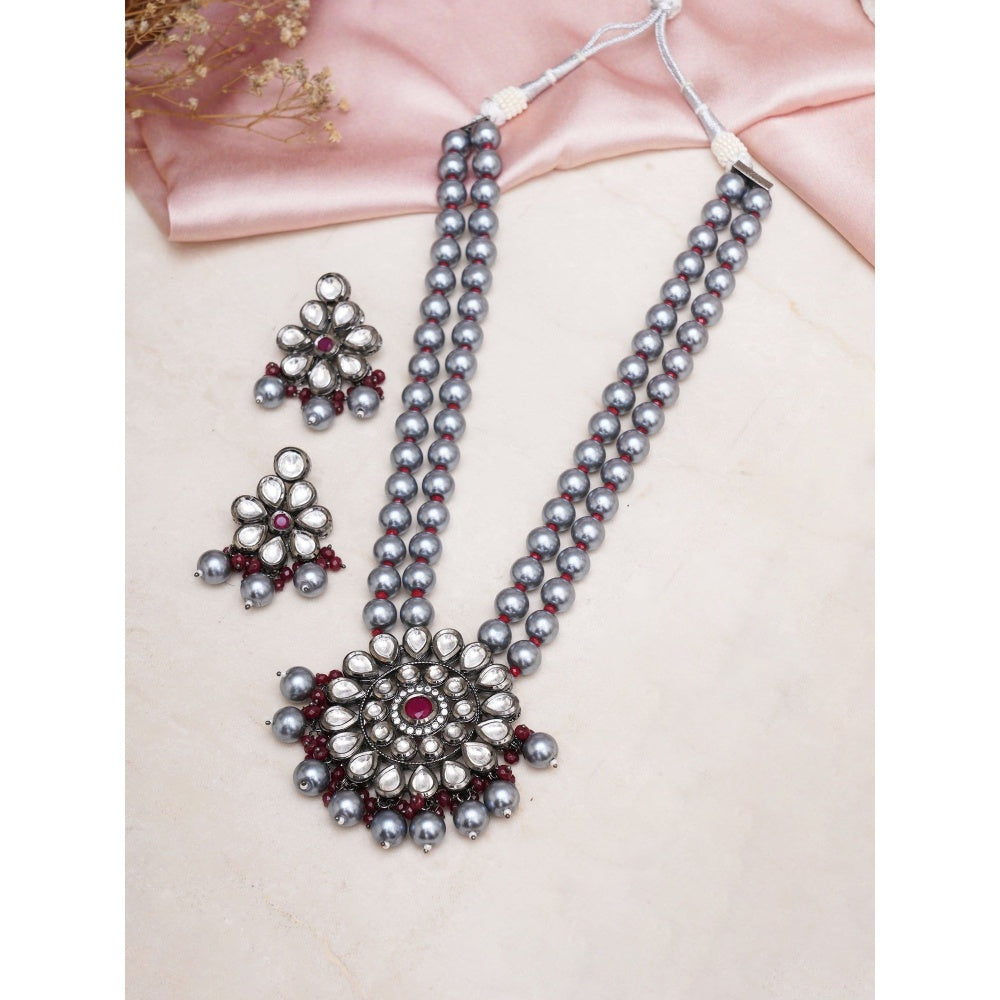Ruby Raang Studio Long Kundan Neckpiece with Earrings with Multi Stones