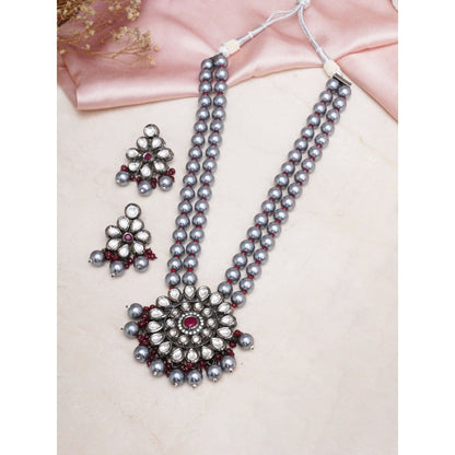 Ruby Raang Studio Long Kundan Neckpiece with Earrings with Multi Stones