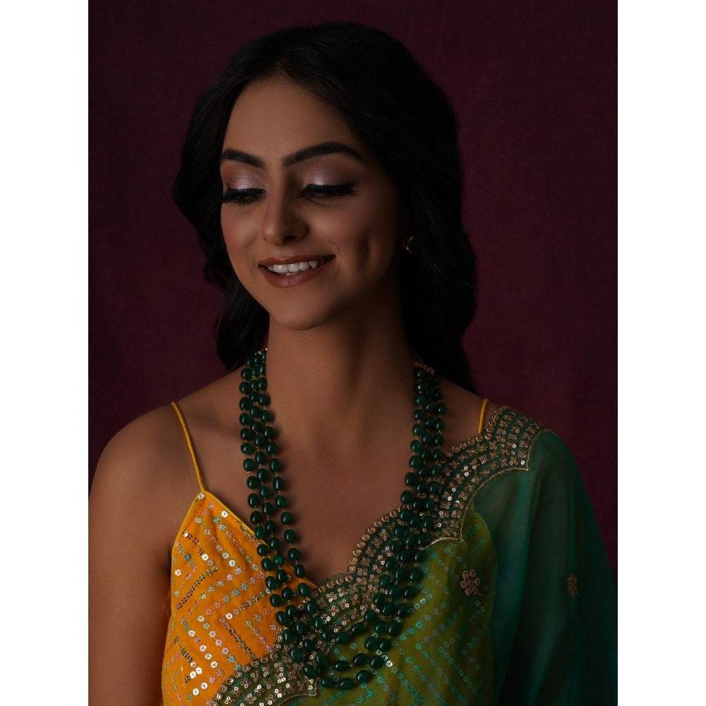 Ruby Raang Studio Long Layered Green Neckpiece with Kundan Studs